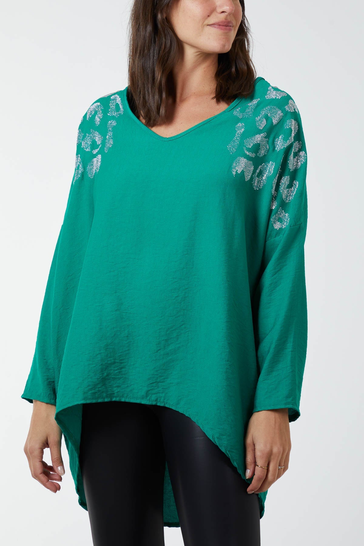 Diamante Leopard Shoulder Detail Blouse TOPMF2 WearAll Jade One Size