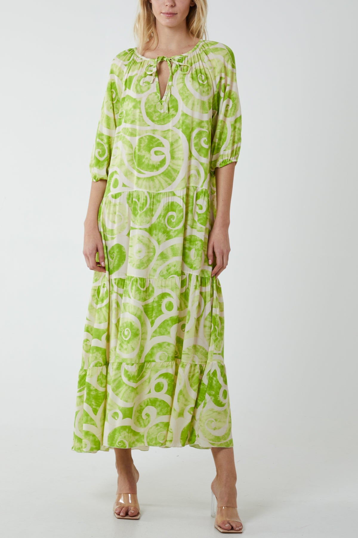 Swirl Tie Dye Tiered Maxi Dress Dresses WearAll Lime One Size