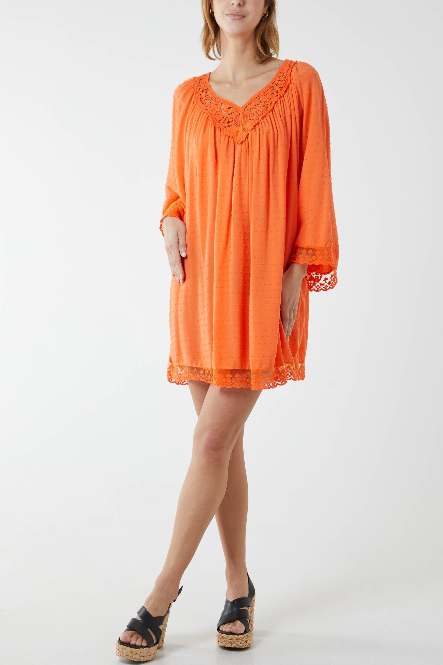 Lace Hem Broderie Collar Mini Dress DMF2 WearAll Orange One Size