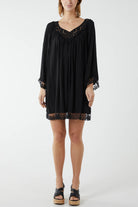 Lace Hem Broderie Collar Mini Dress DMF2 WearAll Black One Size