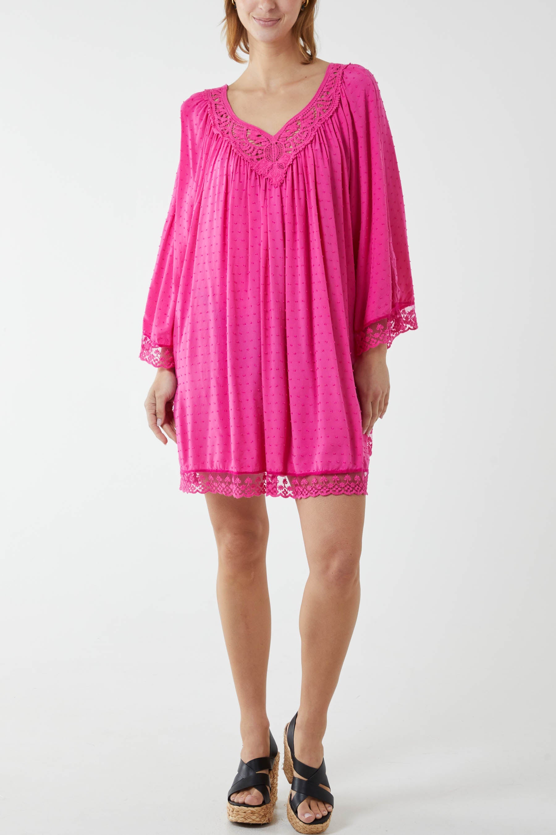 Lace Hem Broderie Collar Mini Dress DMF2 WearAll Hot Pink One Size