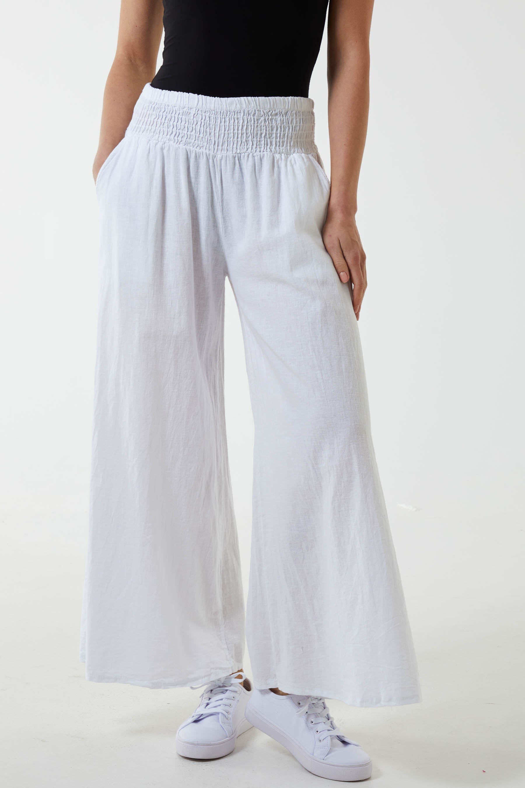 Linen Shirred Wide Leg Culottes Culottes WearAll White One Size