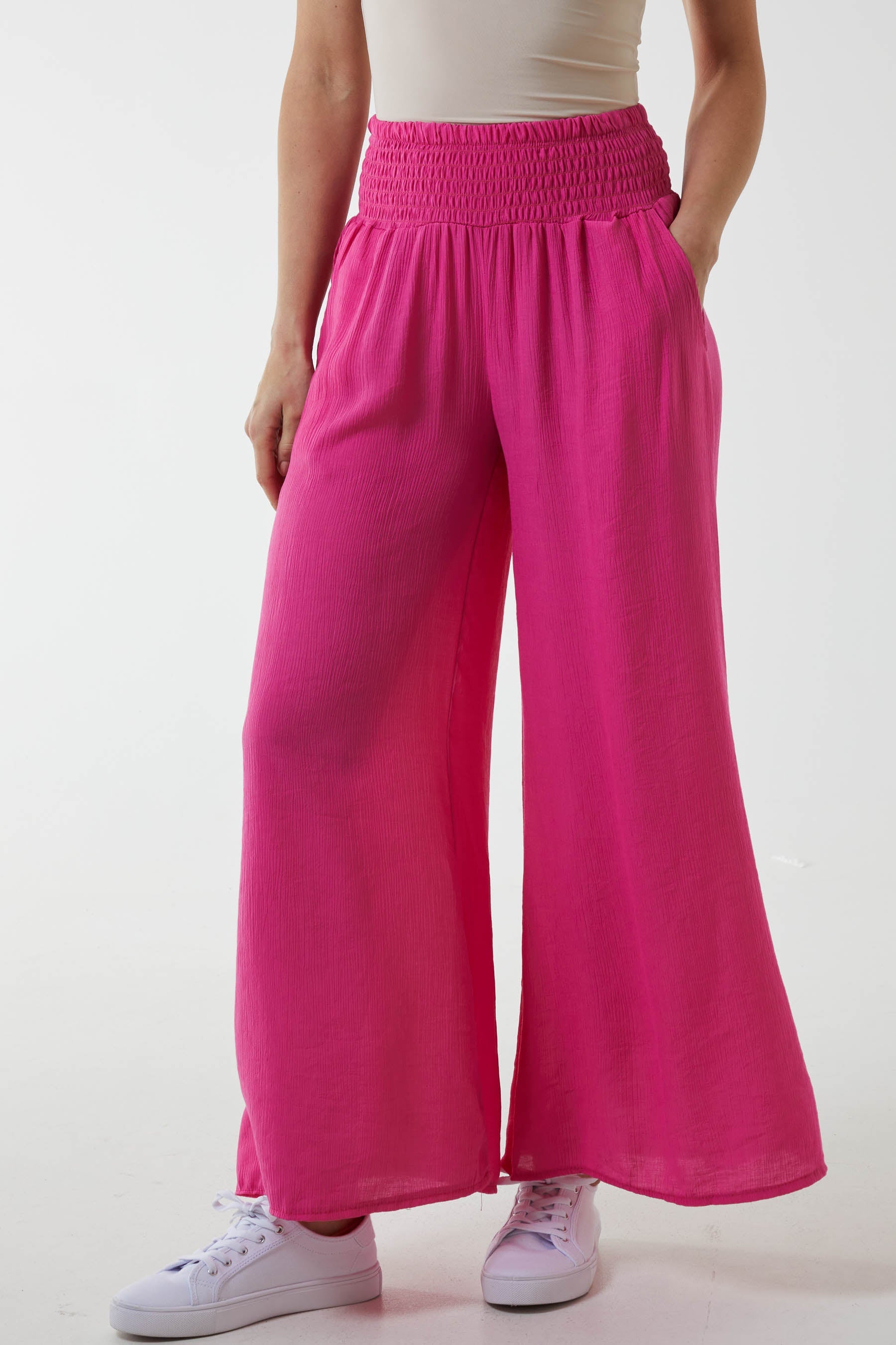 Linen Shirred Wide Leg Culottes Culottes WearAll Fuchsia One Size