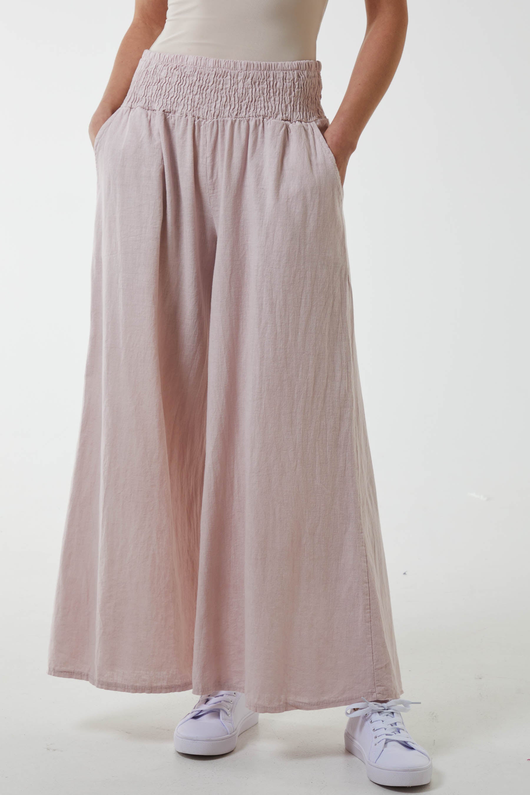 Linen Shirred Wide Leg Culottes Culottes WearAll Blush One Size