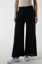 Linen Shirred Wide Leg Culottes Culottes WearAll Black One Size