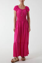 Gypsy Scoop Neck Button Maxi Dress Dresses WearAll Fuchsia One Size