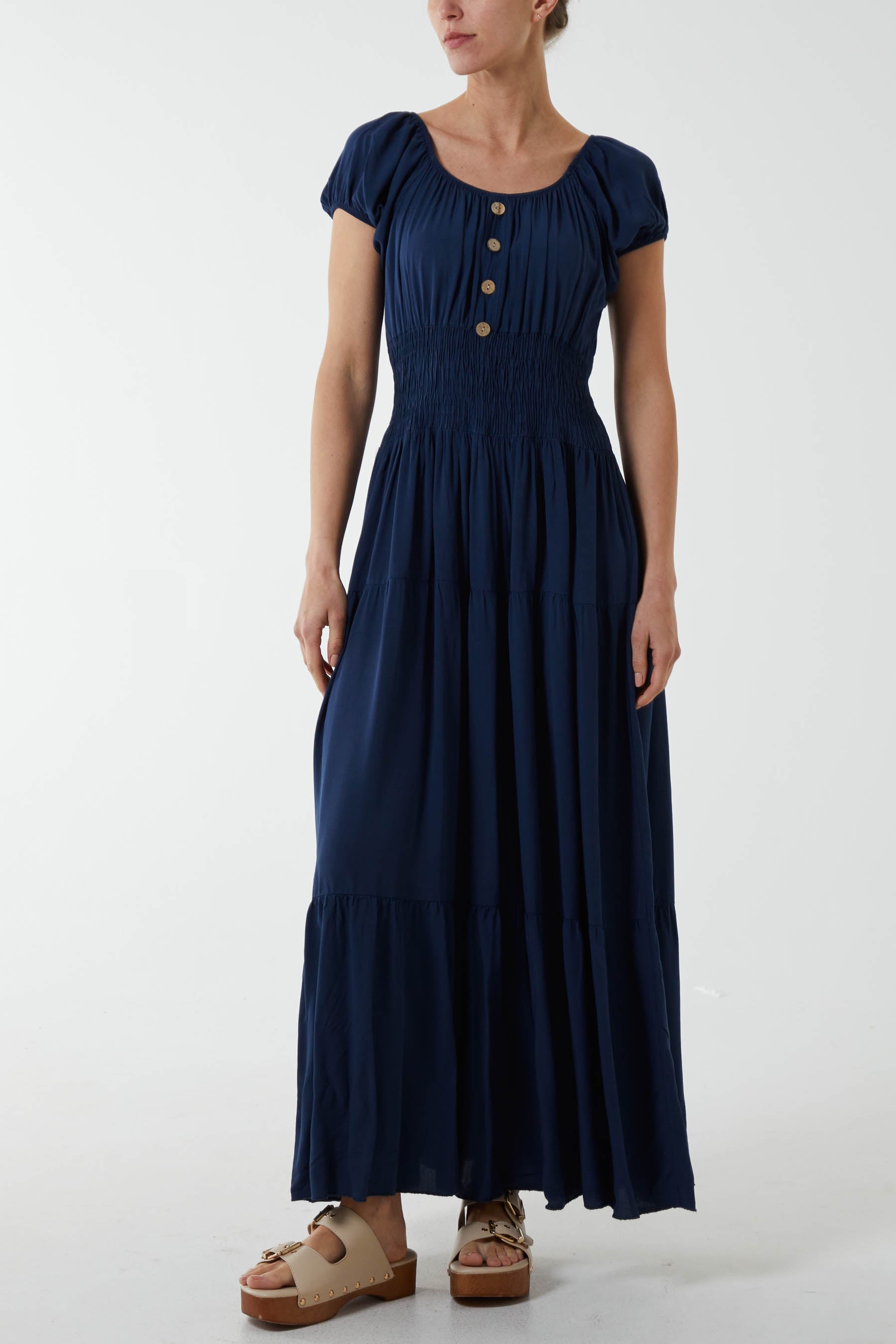 Gypsy Scoop Neck Button Maxi Dress Dresses WearAll Navy One Size