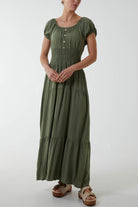 Gypsy Scoop Neck Button Maxi Dress Dresses WearAll Khaki One Size