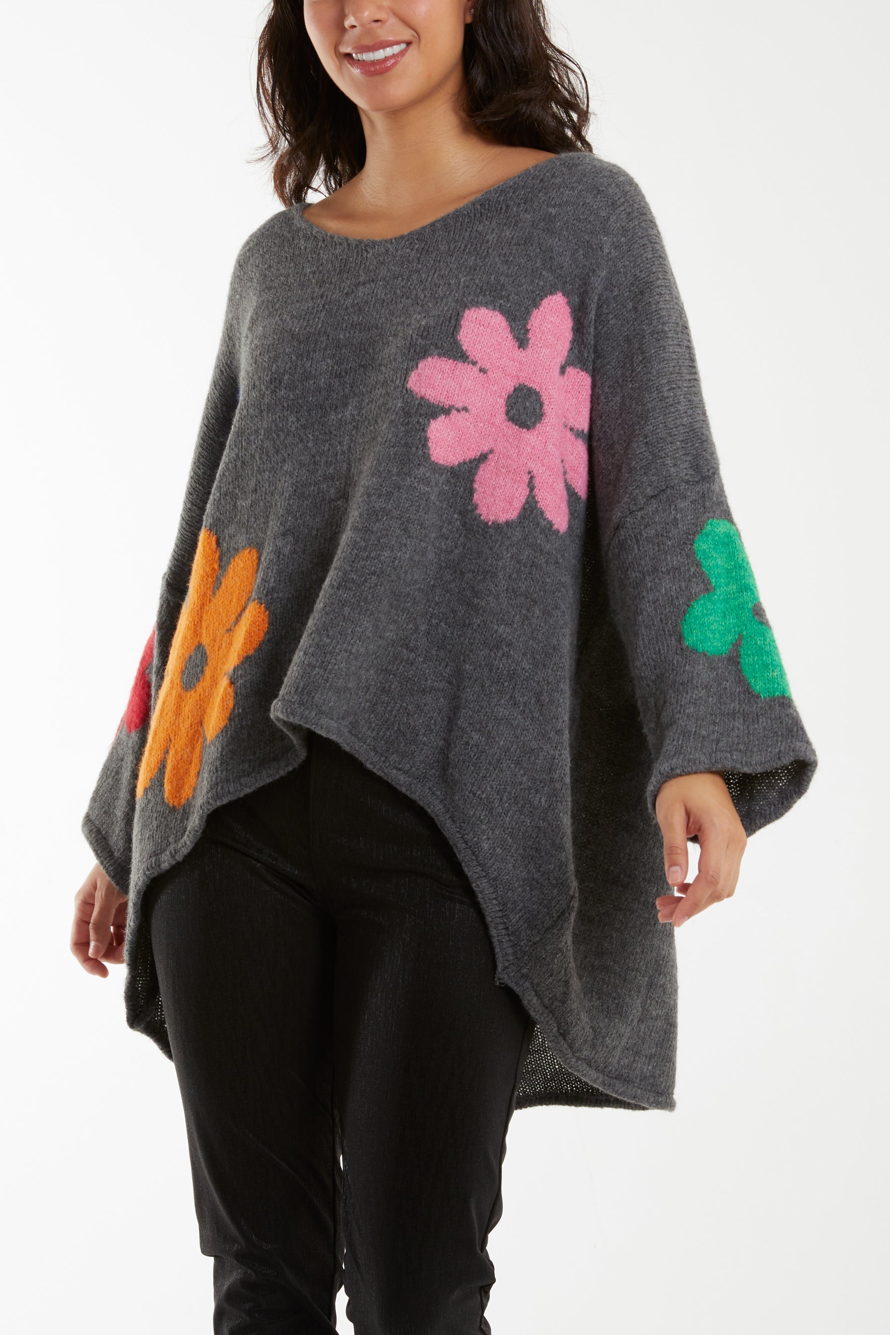 Multi Coloured Flower Jumper Jumpers WearAll Dark Grey One Size