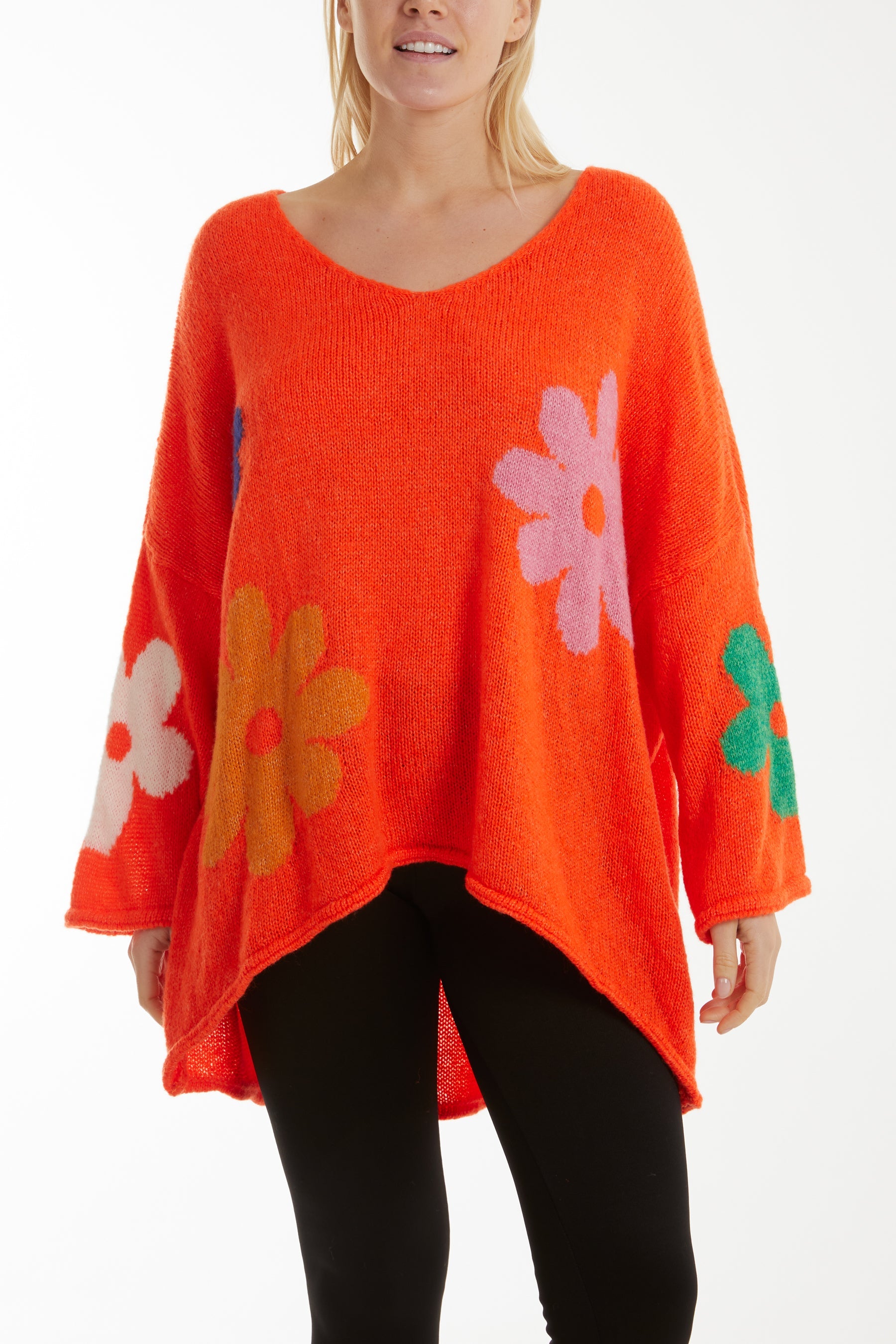 Multi Coloured Flower Jumper Jumpers WearAll Orange One Size