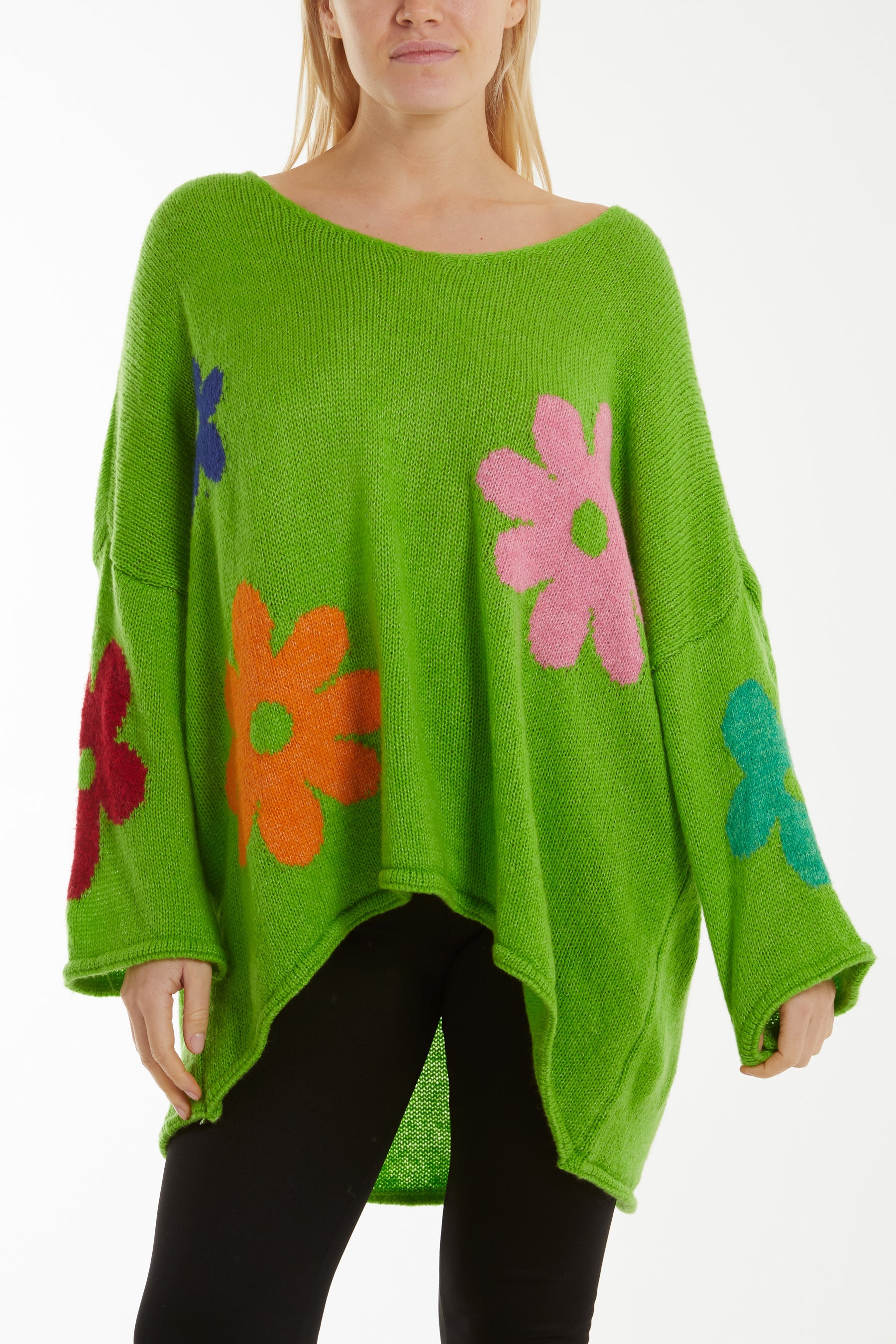 Multi Coloured Flower Jumper Jumpers WearAll Apple Green One Size