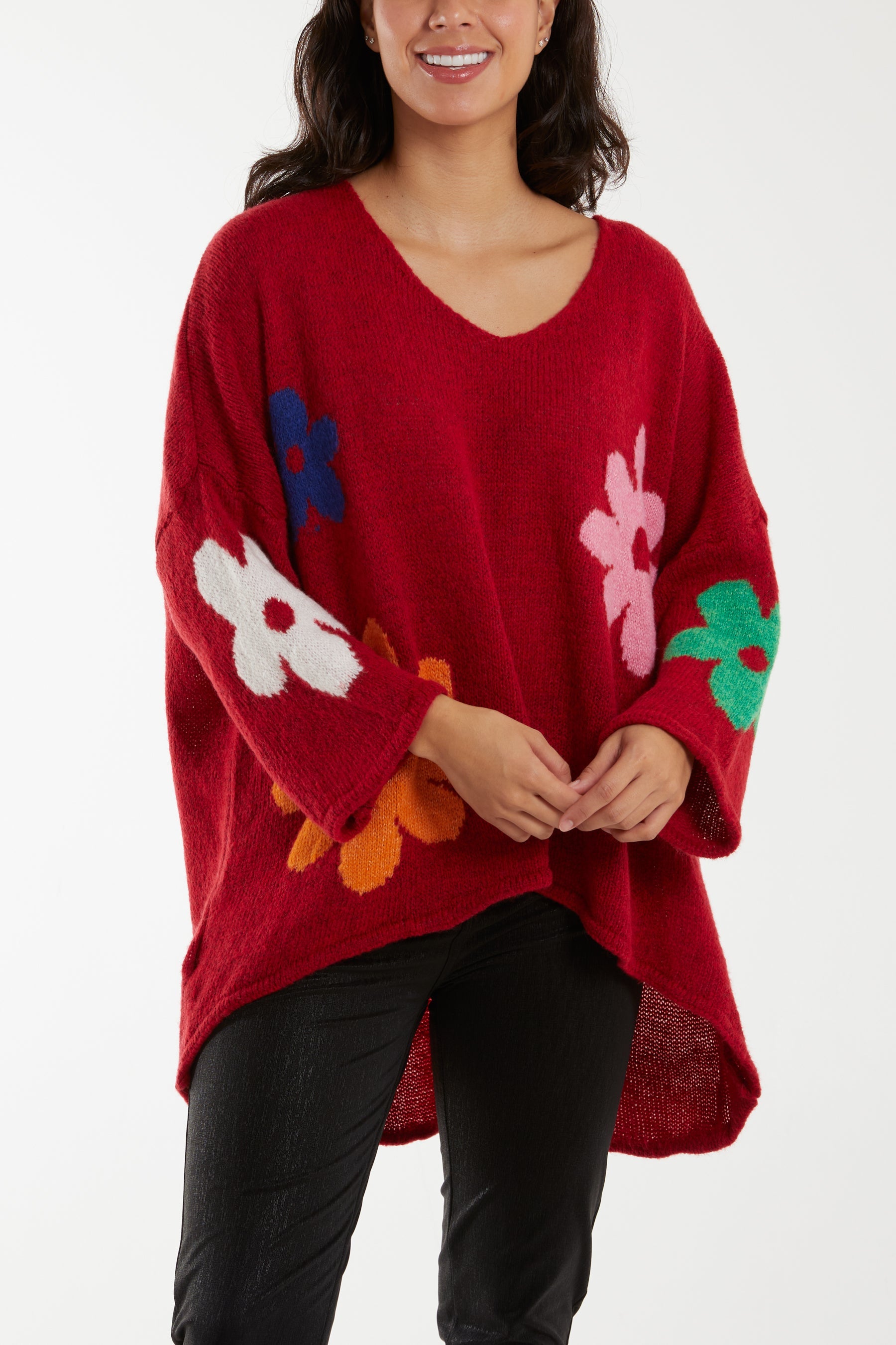 Multi Coloured Flower Jumper Jumpers WearAll Red One Size