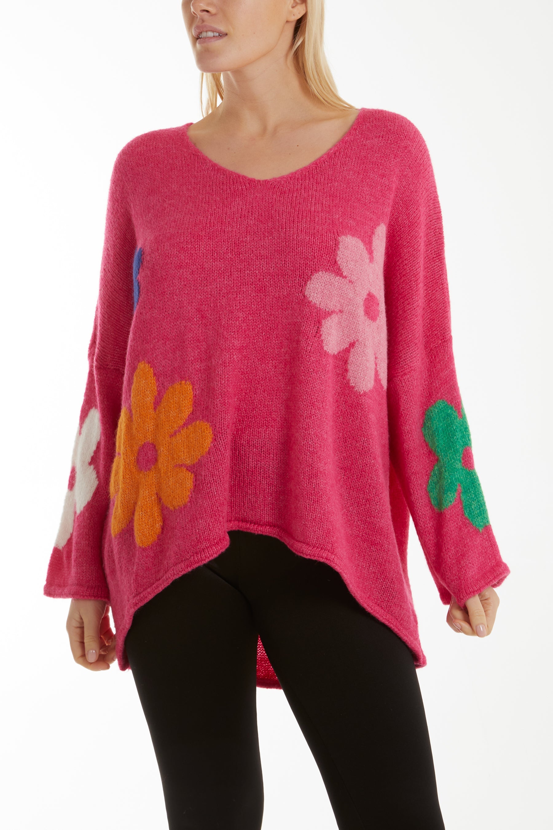 Multi Coloured Flower Jumper Jumpers WearAll Hot Pink One Size