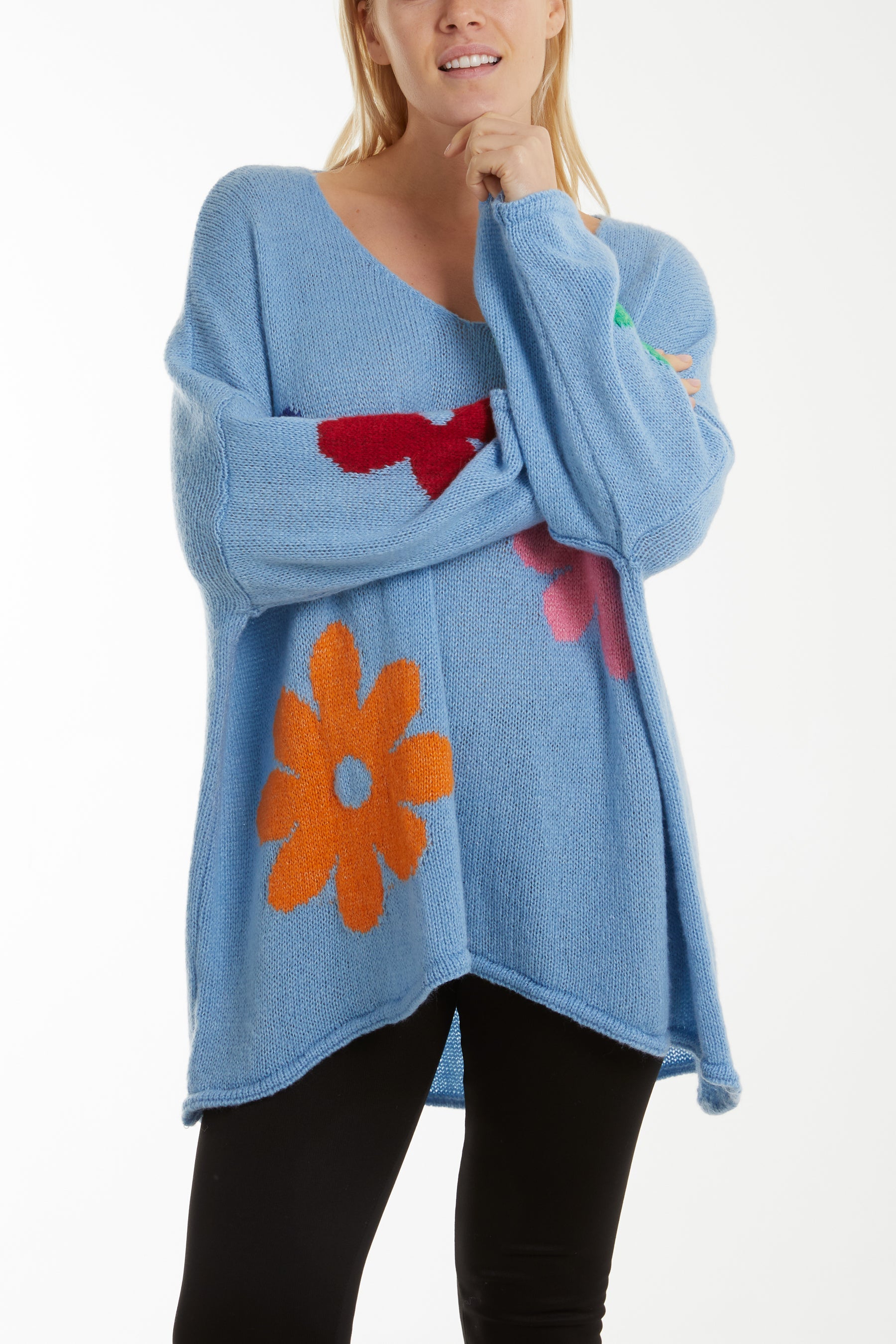 Multi Coloured Flower Jumper Jumpers WearAll Light Blue One Size