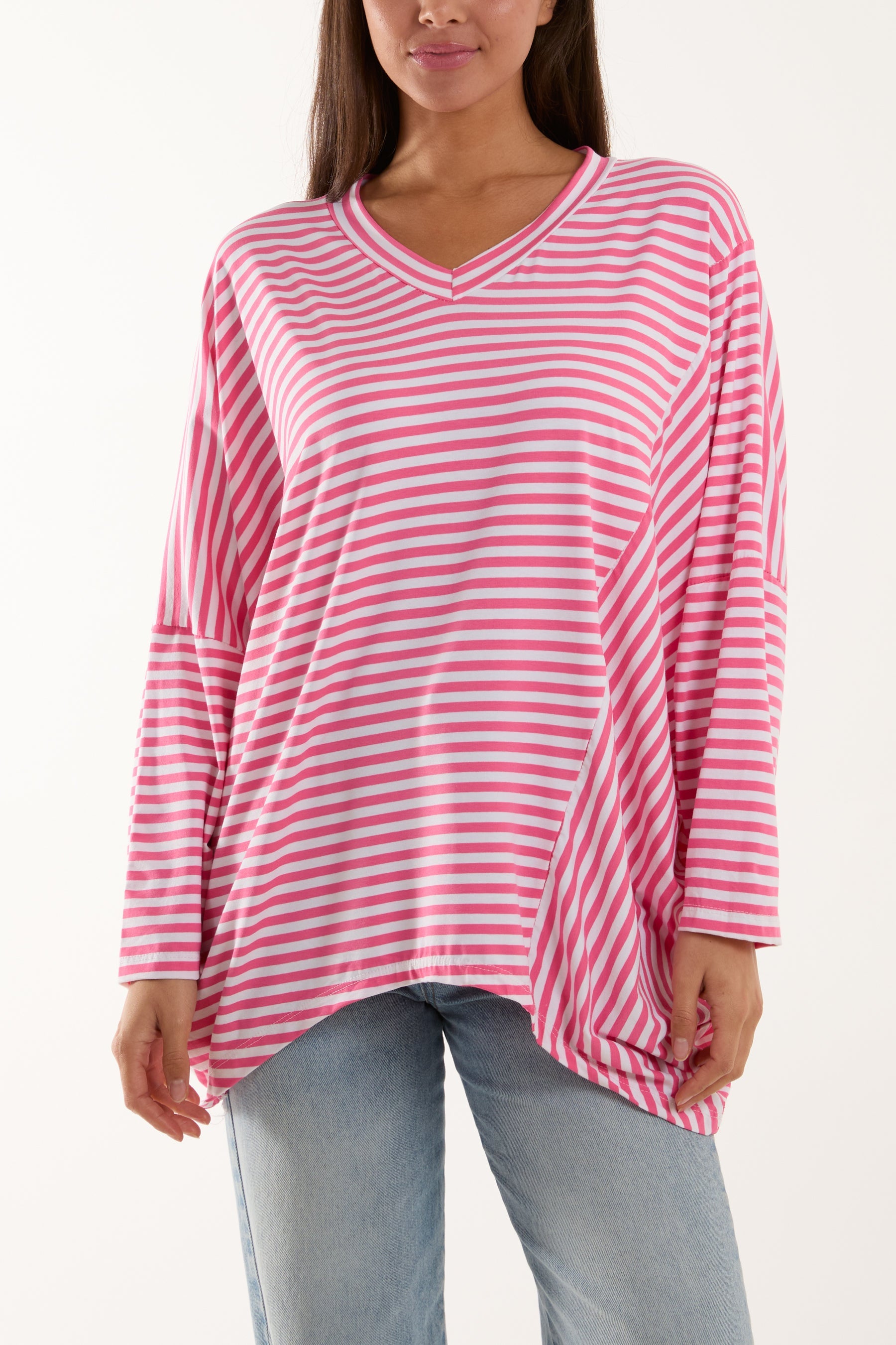 Batwing Asymmetric Hem Striped Top Tops WearAll BubbleGum Pink One Size