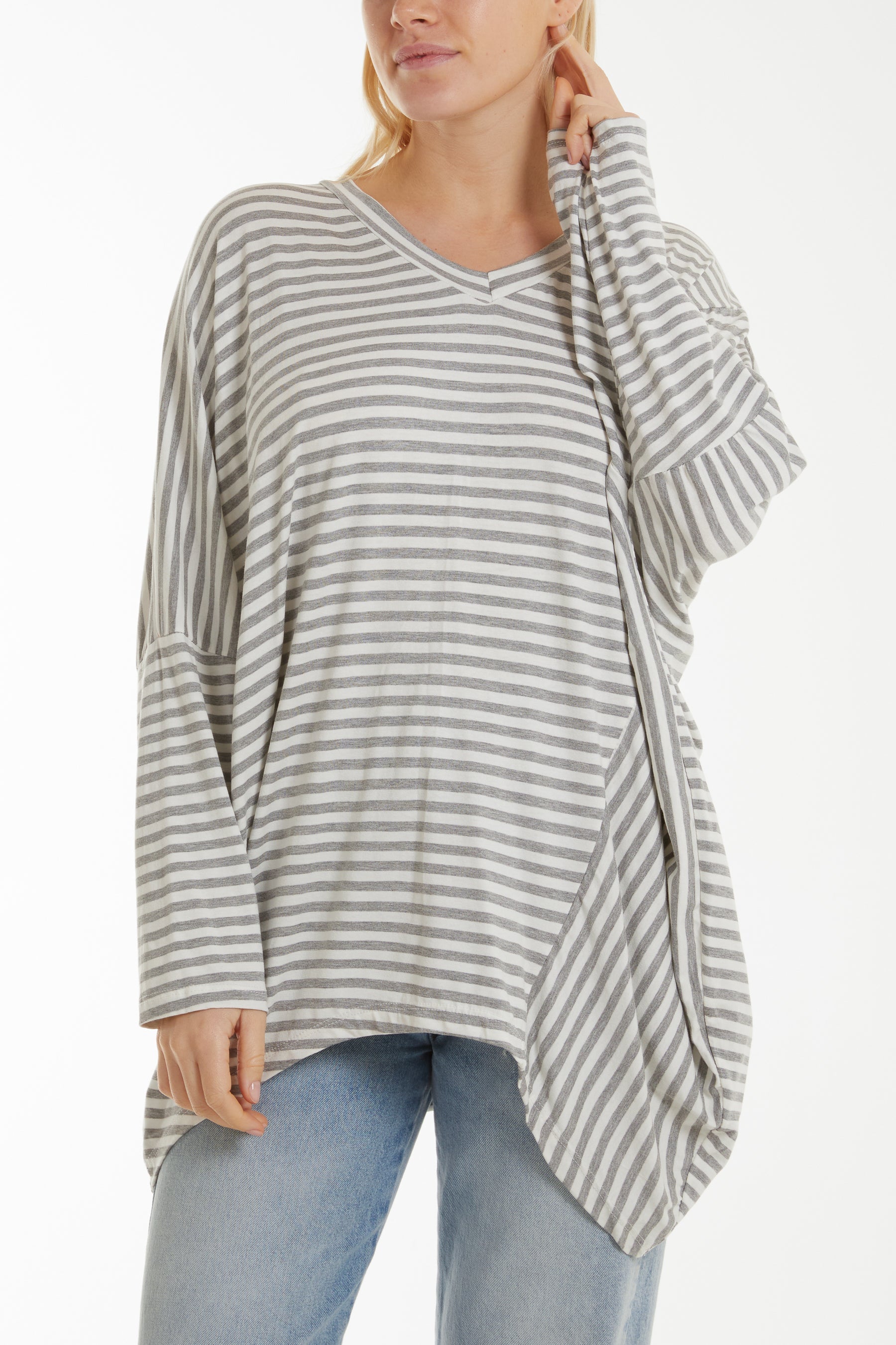 Batwing Asymmetric Hem Striped Top Tops WearAll Grey One Size