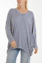 Batwing Asymmetric Hem Striped Top Tops WearAll Navy One Size