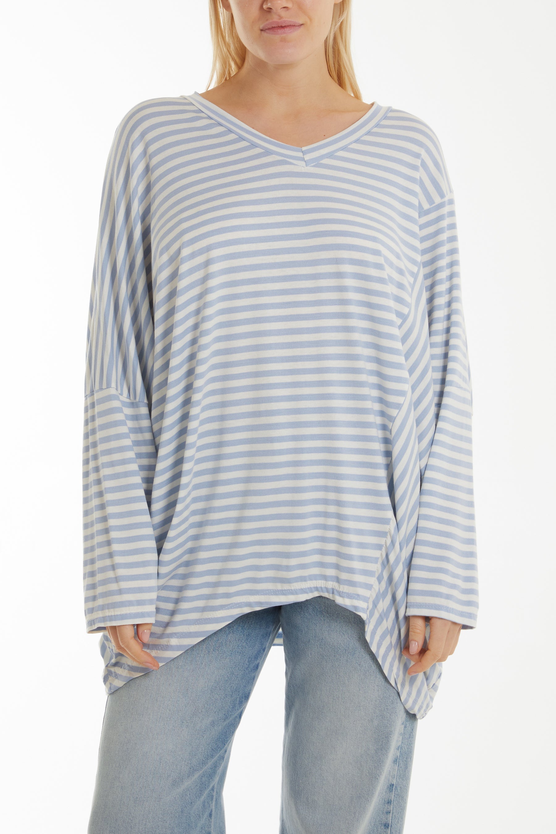 Batwing Asymmetric Hem Striped Top Tops WearAll Light Blue One Size