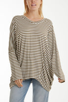 Batwing Asymmetric Hem Striped Top Tops WearAll Khaki One Size