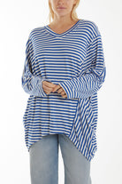 Batwing Asymmetric Hem Striped Top Tops WearAll Royal Blue One Size