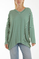 Batwing Asymmetric Hem Striped Top Tops WearAll Jade One Size