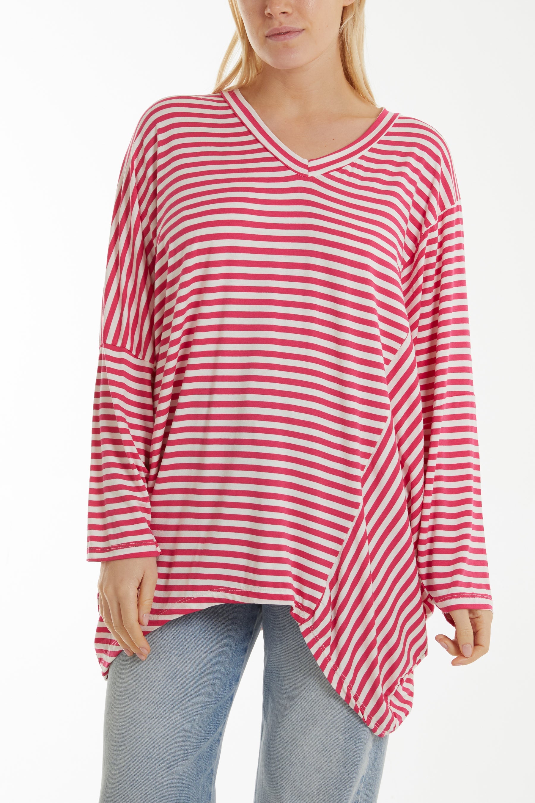 Batwing Asymmetric Hem Striped Top Tops WearAll Hot Pink One Size