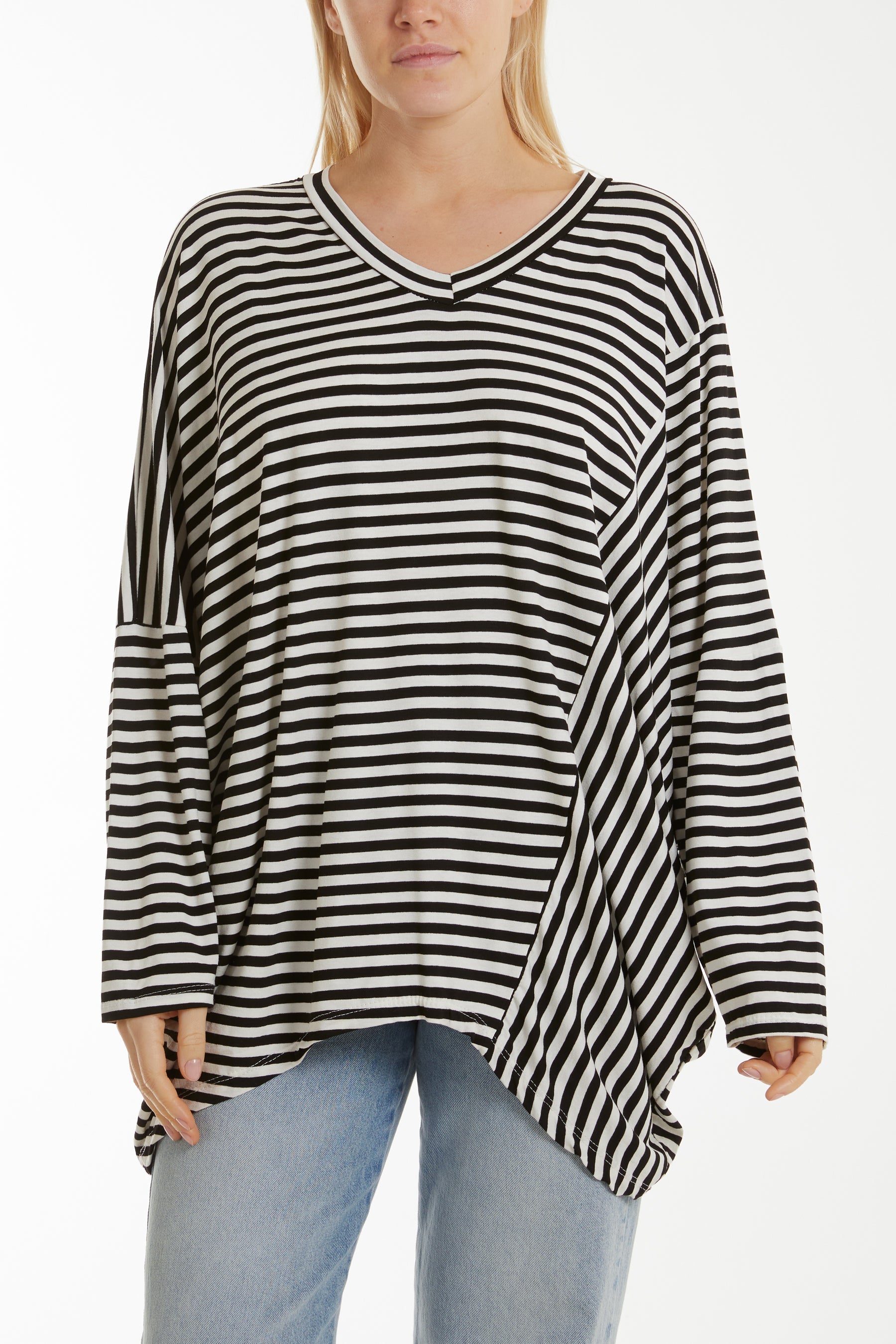 Batwing Asymmetric Hem Striped Top Tops WearAll Black One Size