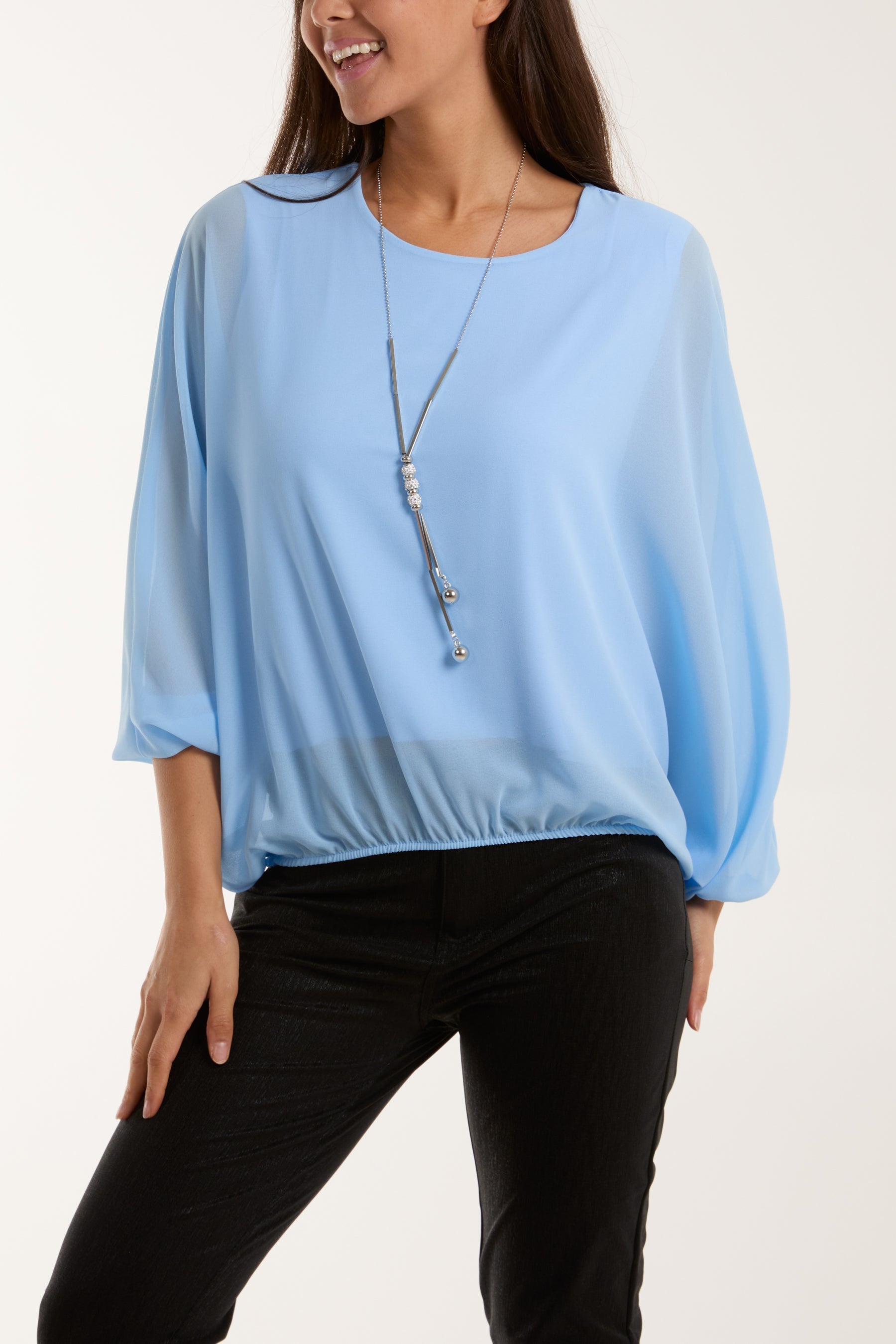 Necklace Batwing Bubble Hem Top Tops WearAll Light Blue One Size