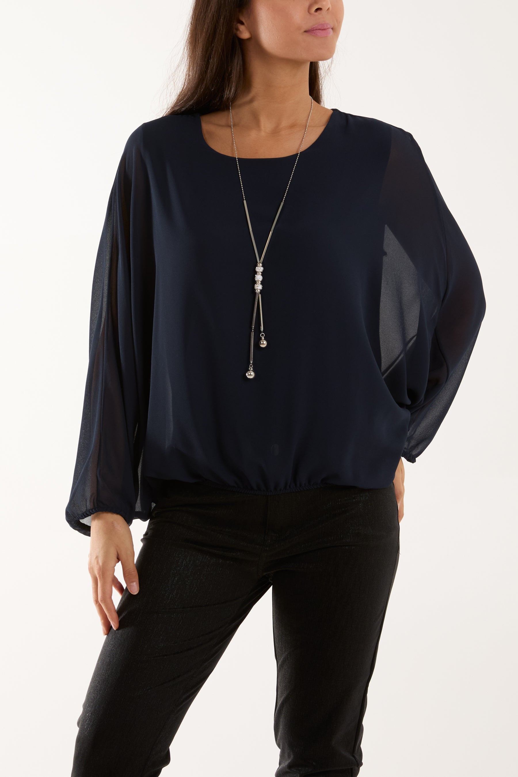 Necklace Batwing Bubble Hem Top Tops WearAll Navy One Size