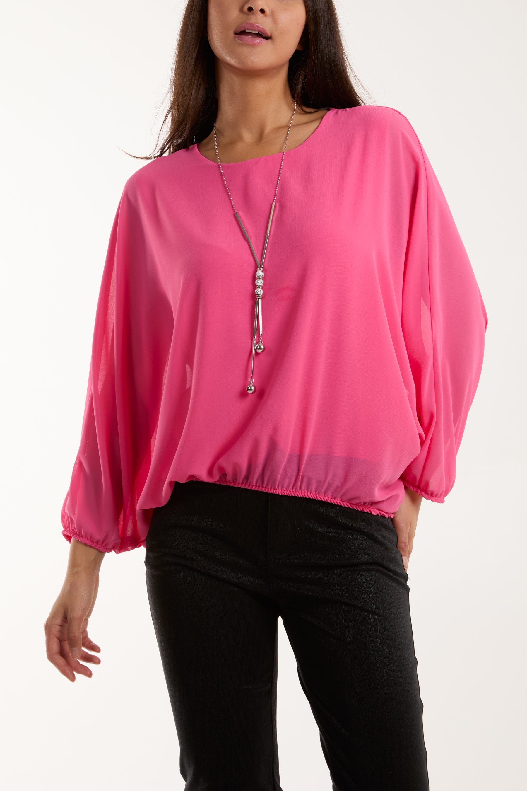 Necklace Batwing Bubble Hem Top Tops WearAll Hot Pink One Size