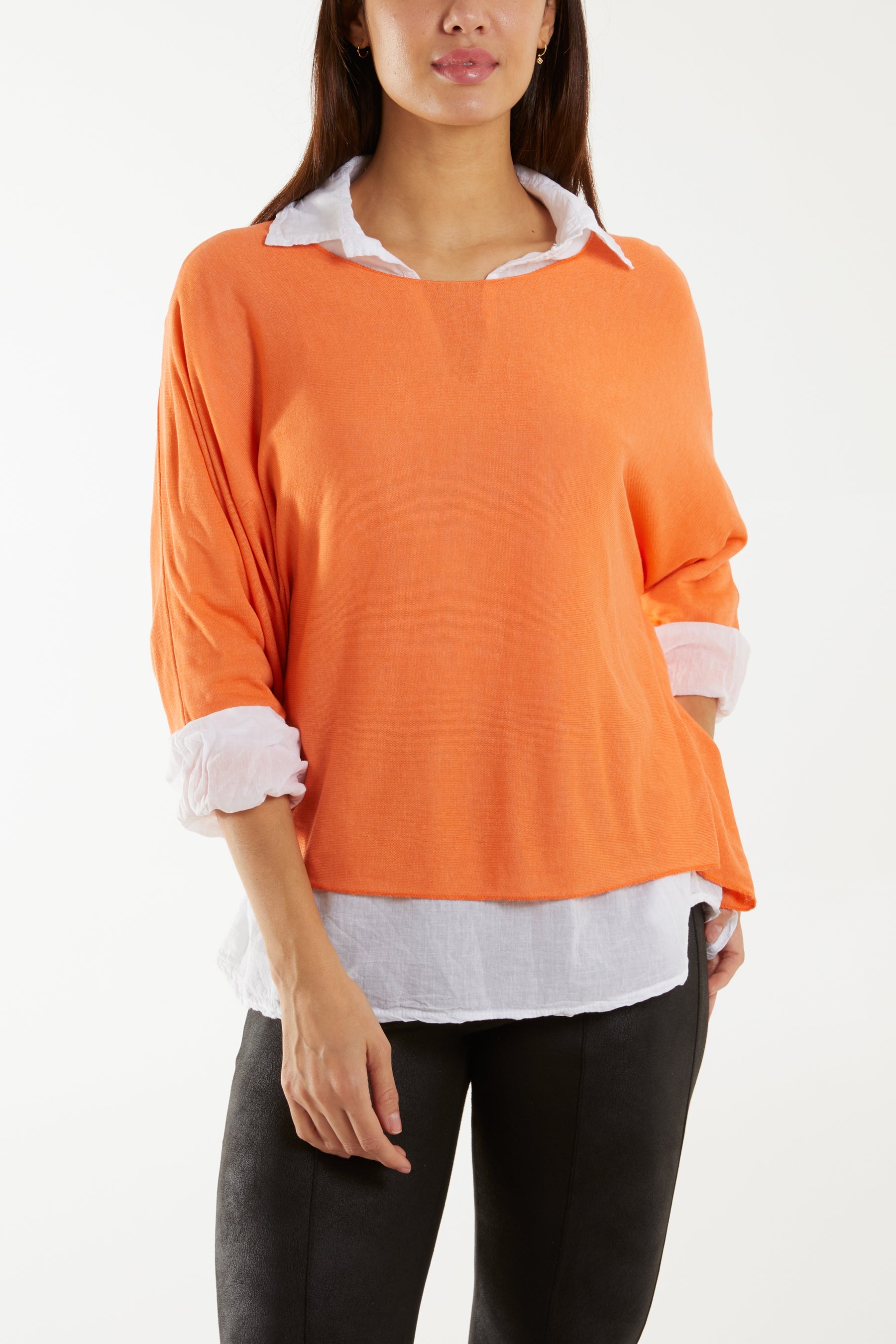 Double Layer Fine Knit and Cotton Shirt Jumpers WearAll Orange One Size