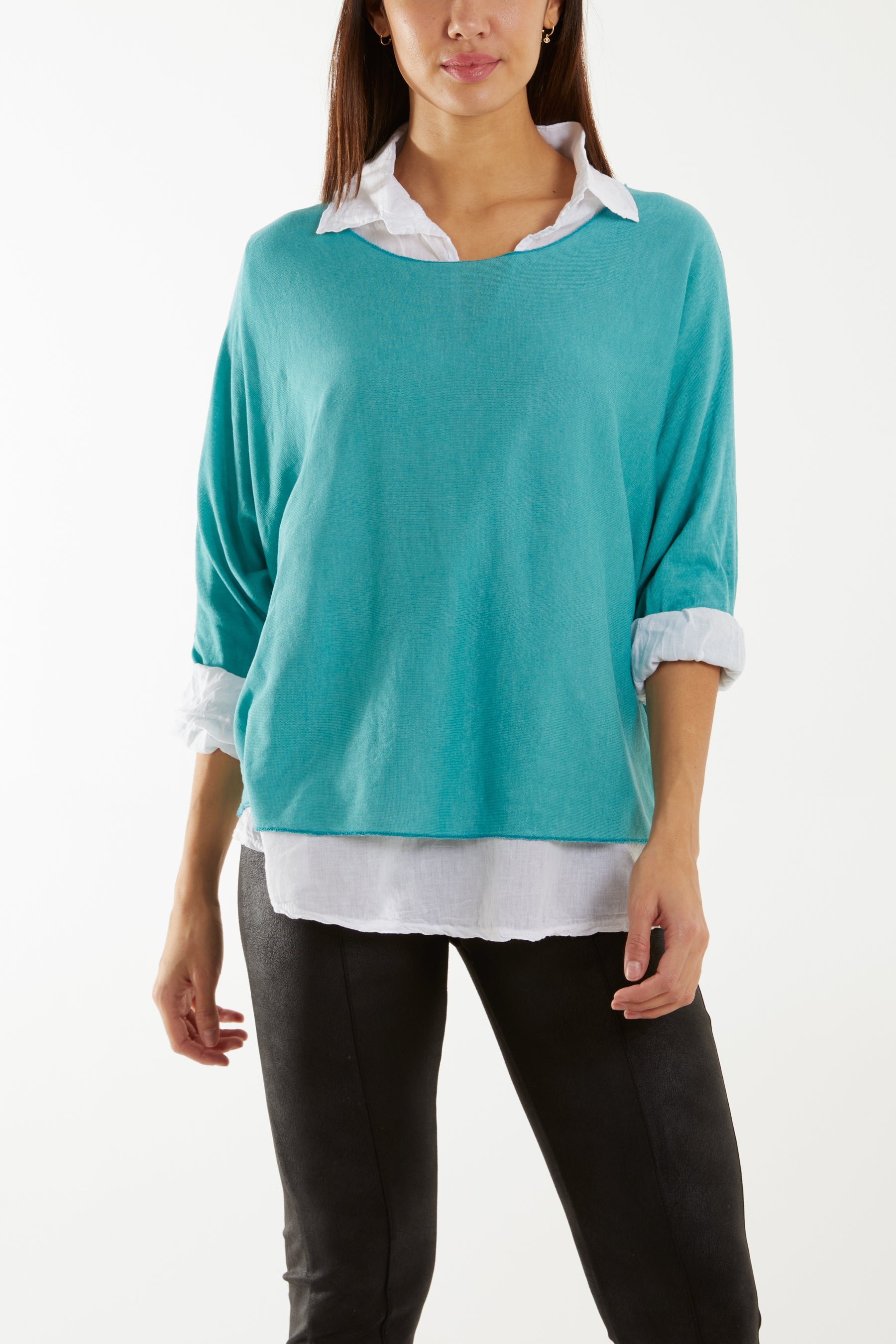 Double Layer Fine Knit and Cotton Shirt Jumpers WearAll Teal One Size