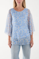 Silk Like Leopard Print Top Blouses WearAll Light Blue One Size