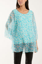 Silk Like Leopard Print Top Blouses WearAll Turquoise One Size