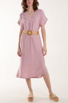 Belted V-Neck Short Sleeve Midi Dress Dresses WearAll Blush One Size