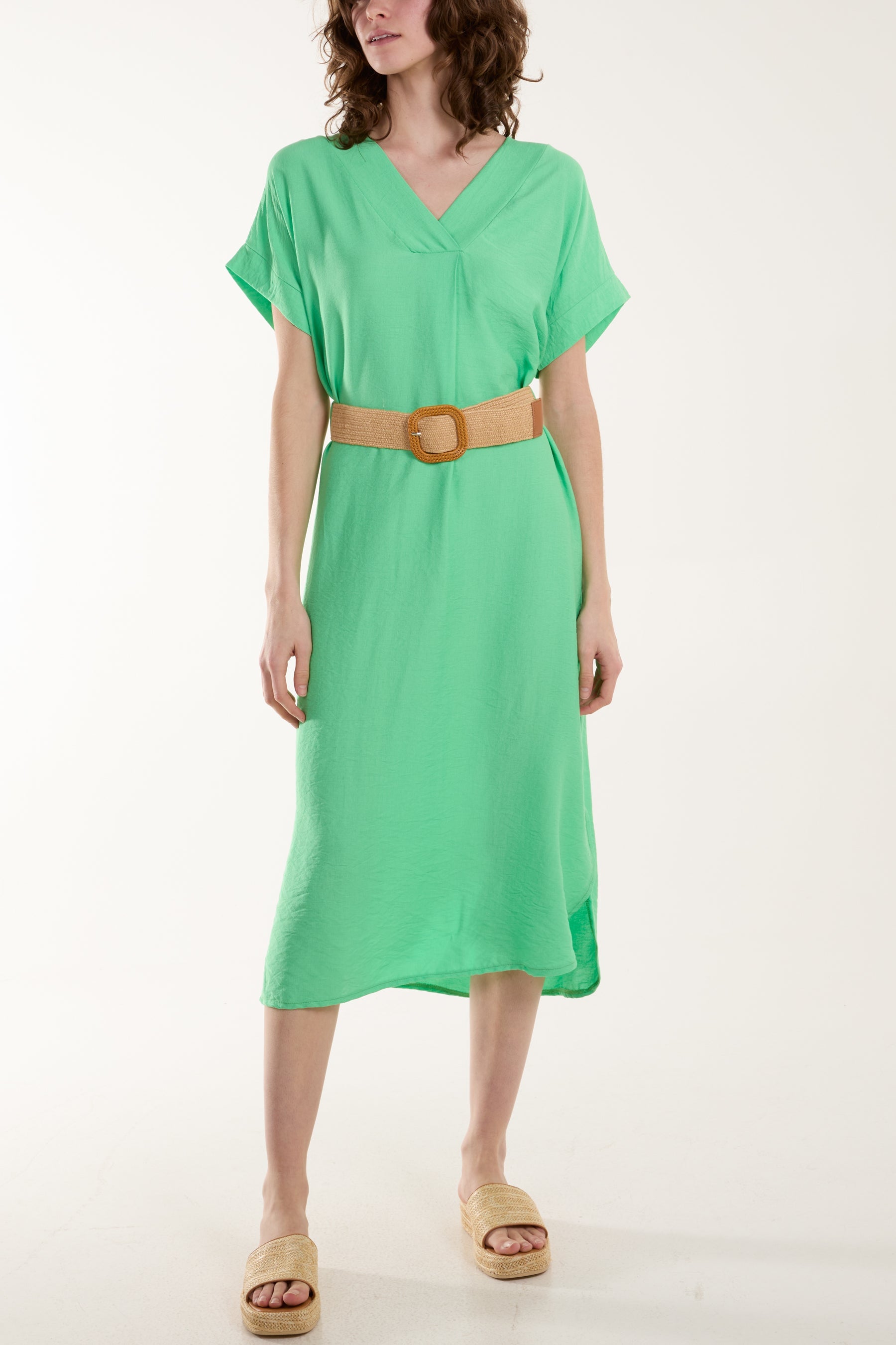 Belted V-Neck Short Sleeve Midi Dress Dresses WearAll Apple Green One Size