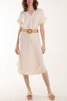 Belted V-Neck Short Sleeve Midi Dress Dresses WearAll Cream One Size