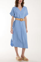 Belted V-Neck Short Sleeve Midi Dress Dresses WearAll Light Blue One Size