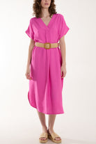 Belted V-Neck Short Sleeve Midi Dress Dresses WearAll Fuchsia One Size