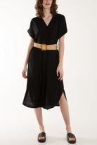 Belted V-Neck Short Sleeve Midi Dress Dresses WearAll Black One Size