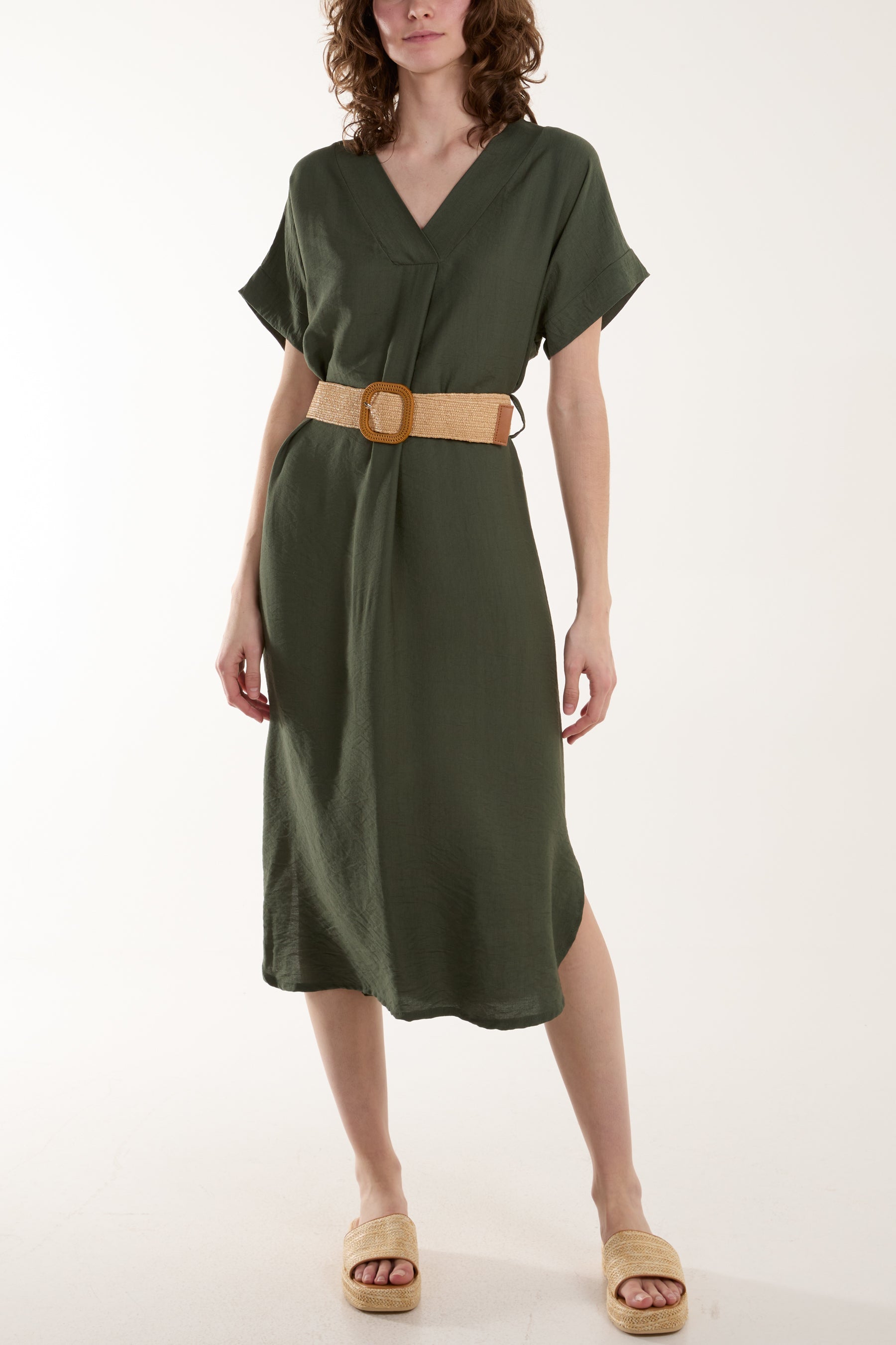 Belted V-Neck Short Sleeve Midi Dress Dresses WearAll