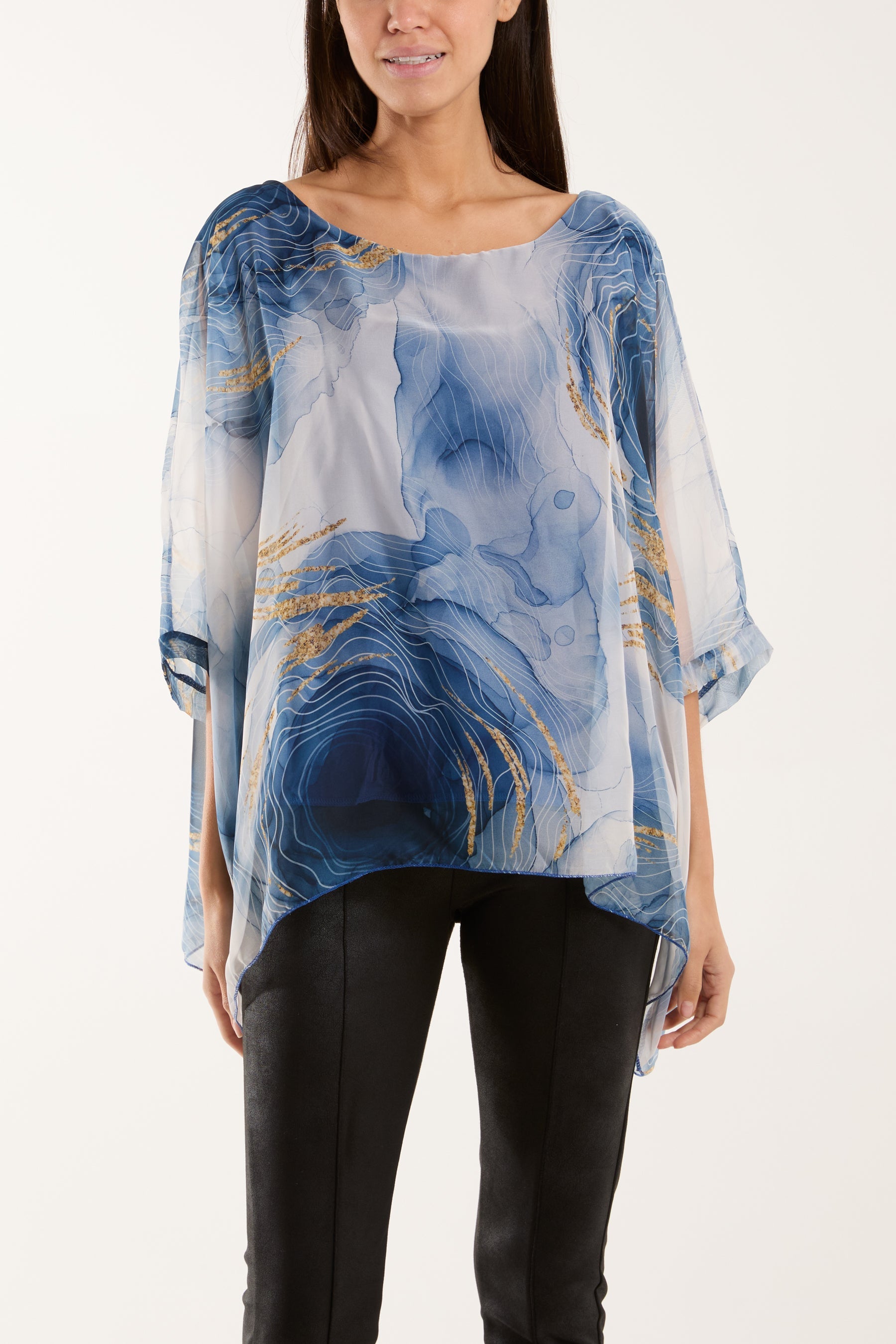 Marble Print Sheer Blouse Blouses WearAll Navy One Size