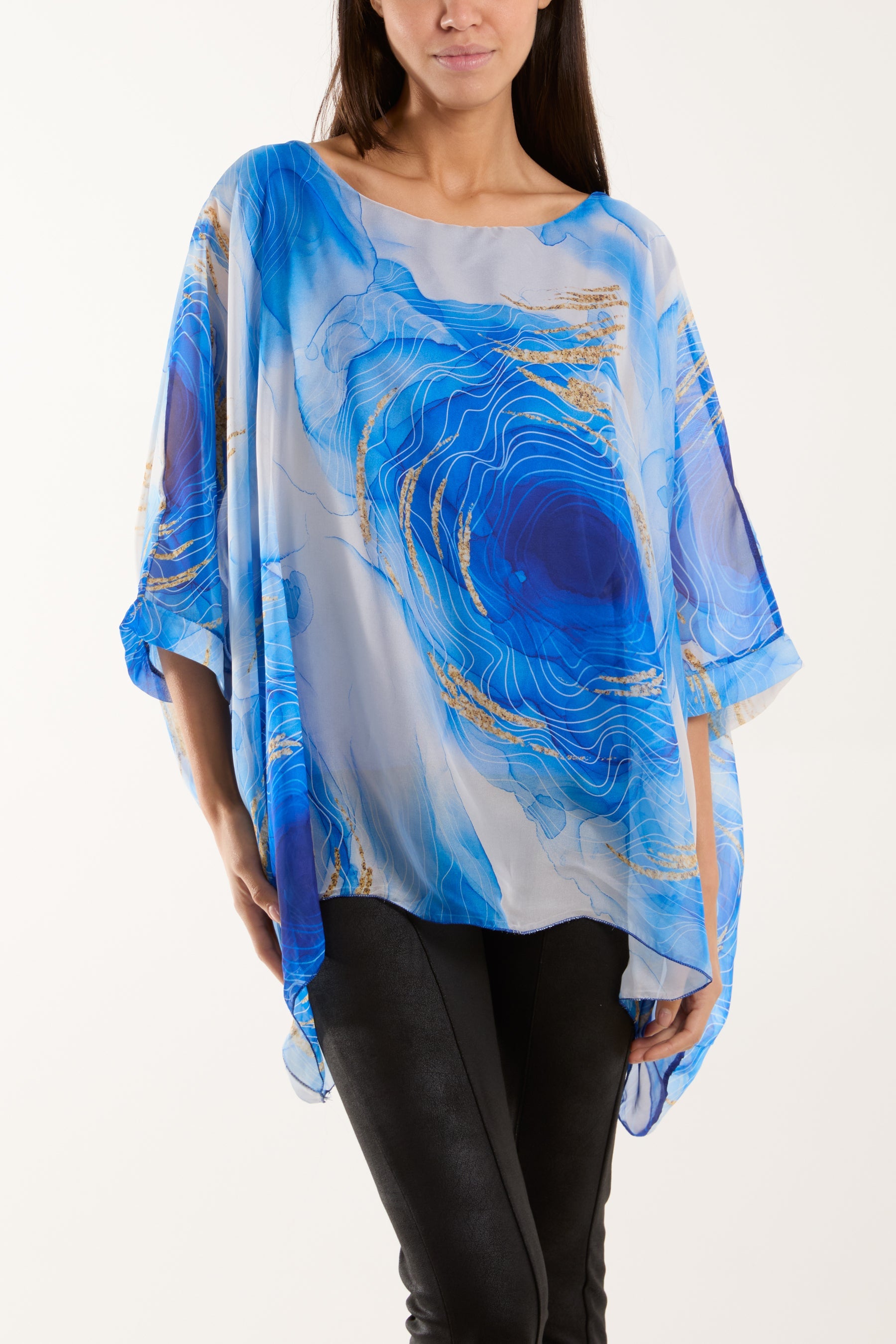 Marble Print Sheer Blouse Blouses WearAll Royal Blue One Size