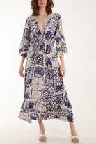 Tile Print Shirred Bodice Midi Dress Dresses WearAll Navy One Size