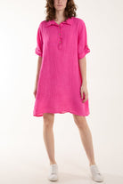 Linen Pocket Shirt Mini Dress Dresses WearAll Fuchsia One Size