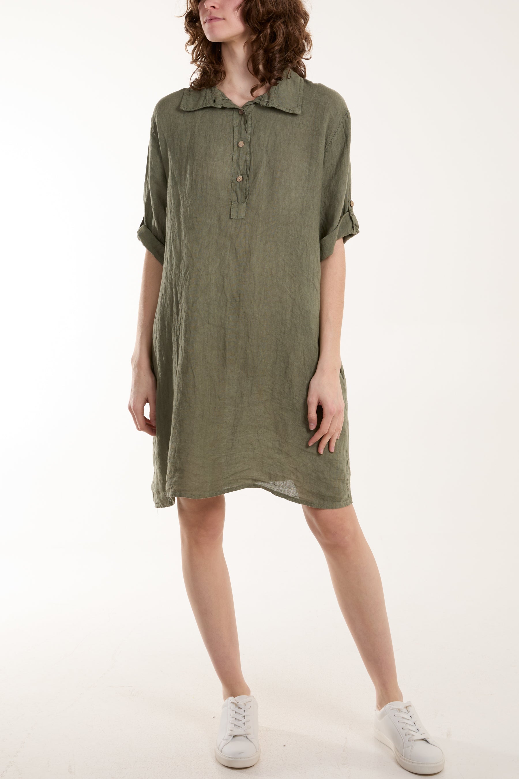 Linen Pocket Shirt Mini Dress Dresses WearAll Khaki One Size