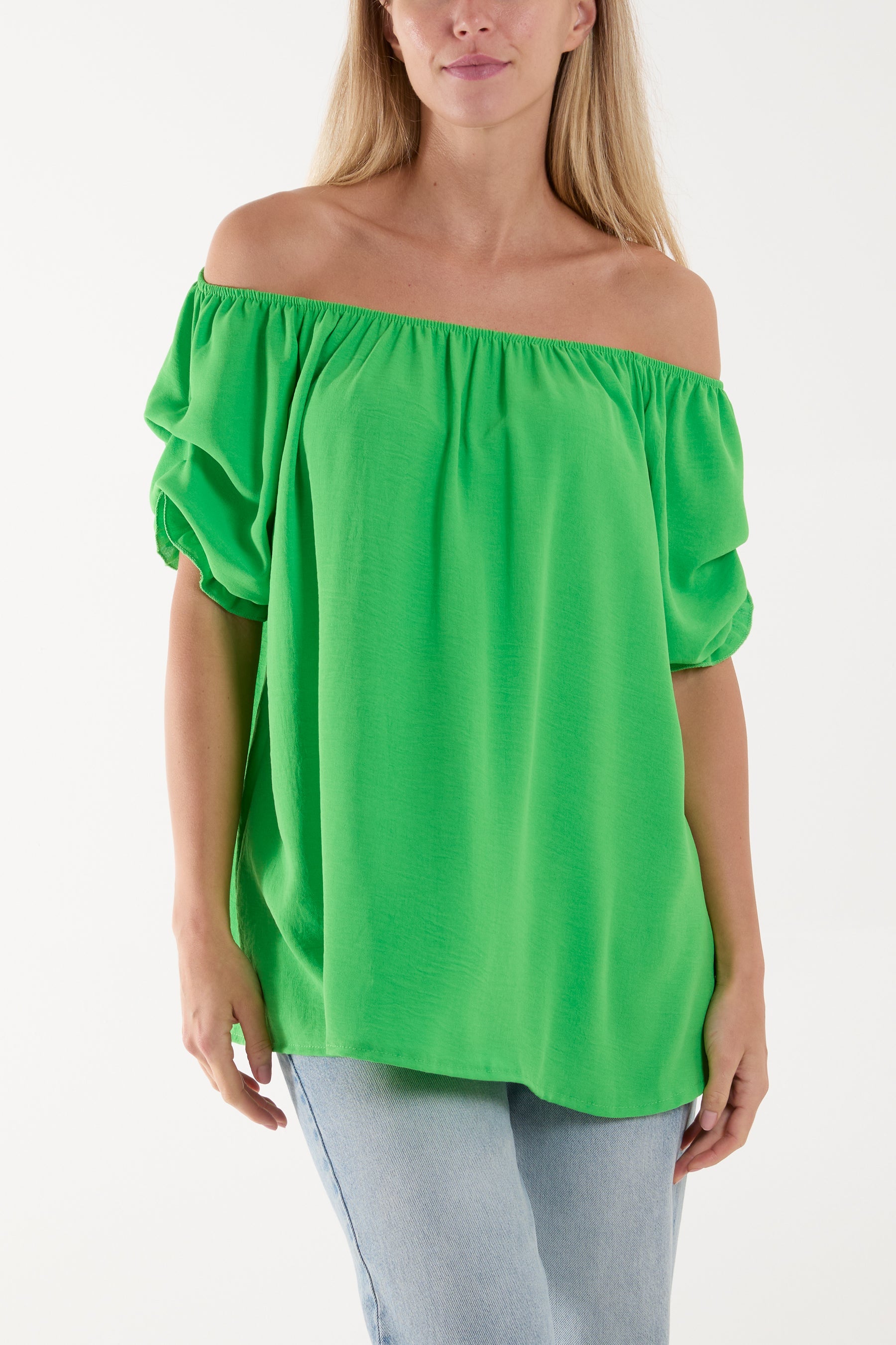 Puff Sleeve Smock Bardot Top Blouses WearAll Apple Green One Size