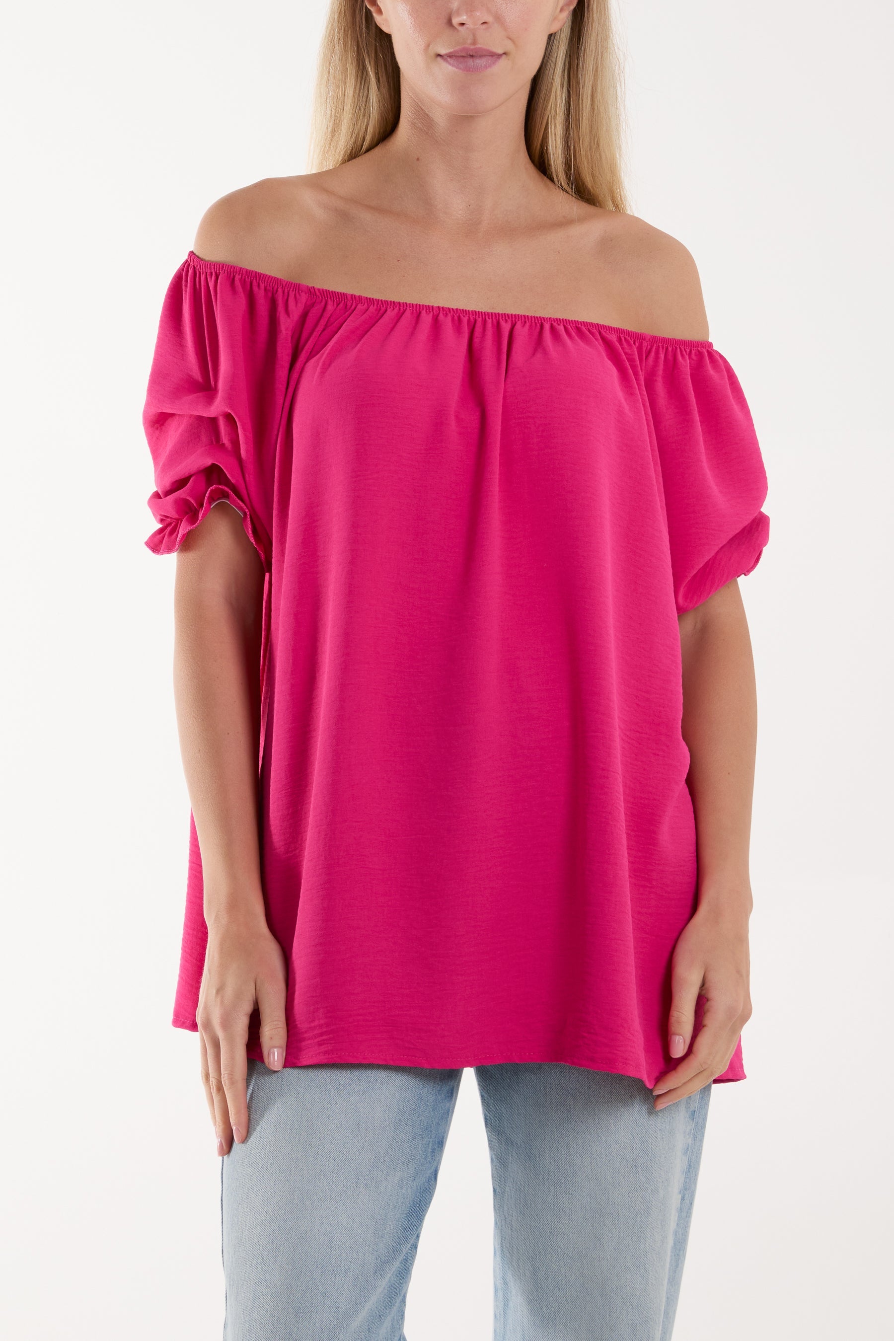 Puff Sleeve Smock Bardot Top Blouses WearAll Fuchsia One Size