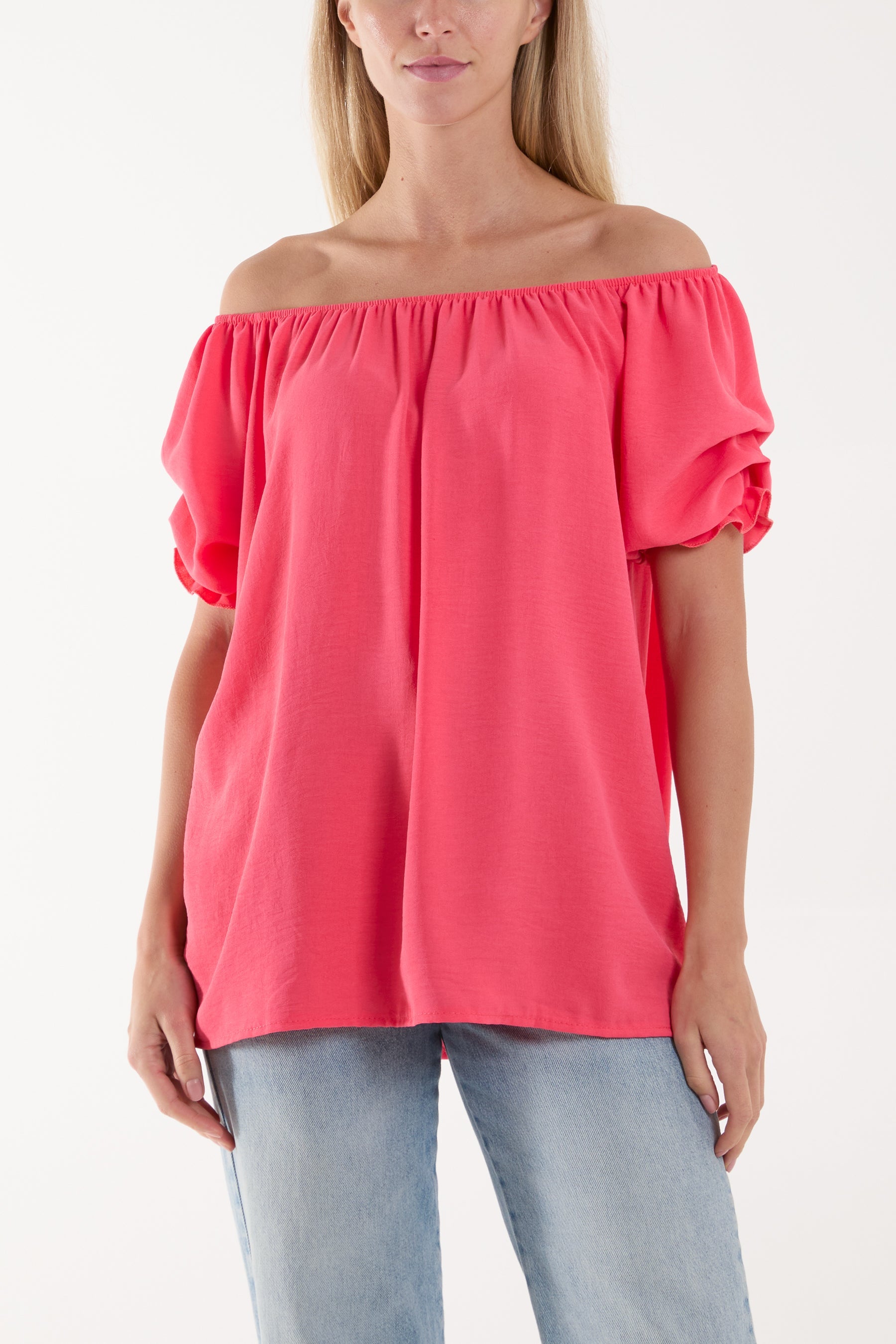 Puff Sleeve Smock Bardot Top Blouses WearAll Coral One Size