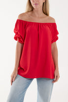 Puff Sleeve Smock Bardot Top Blouses WearAll Red One Size